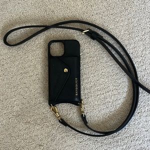 Black Leather iPhone 13 Mini Bandolier Cross Body Phone Case w Gold detailing